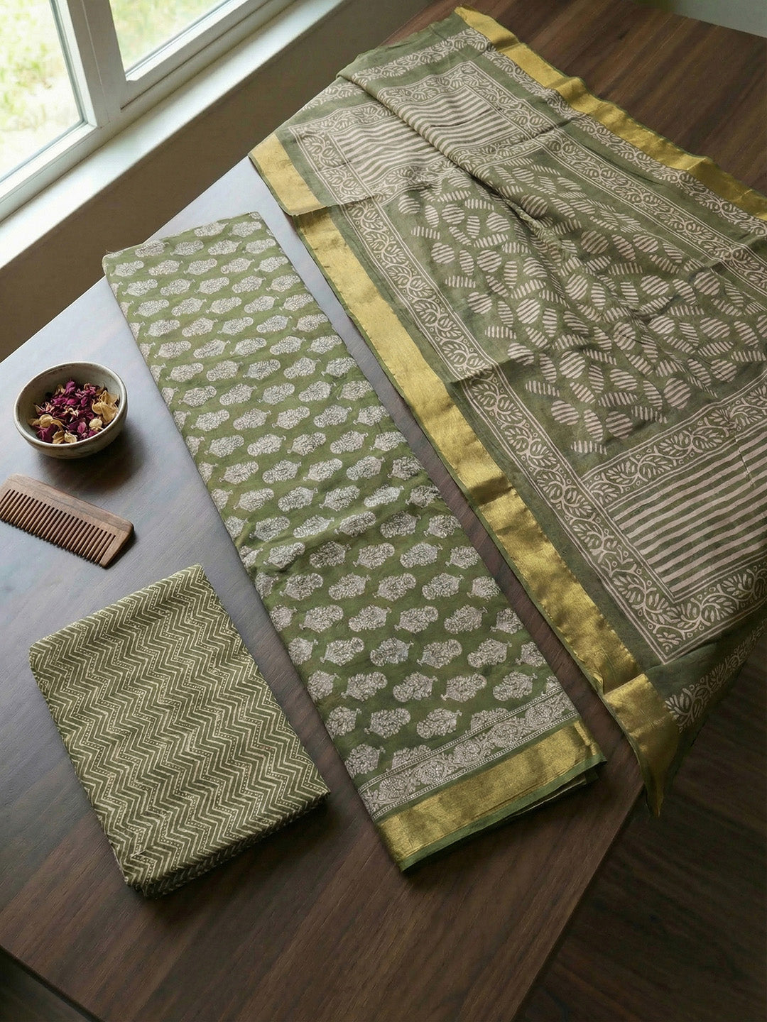 Printed Cotton Blend Unstitched Suit With Pant &amp; Dupatta