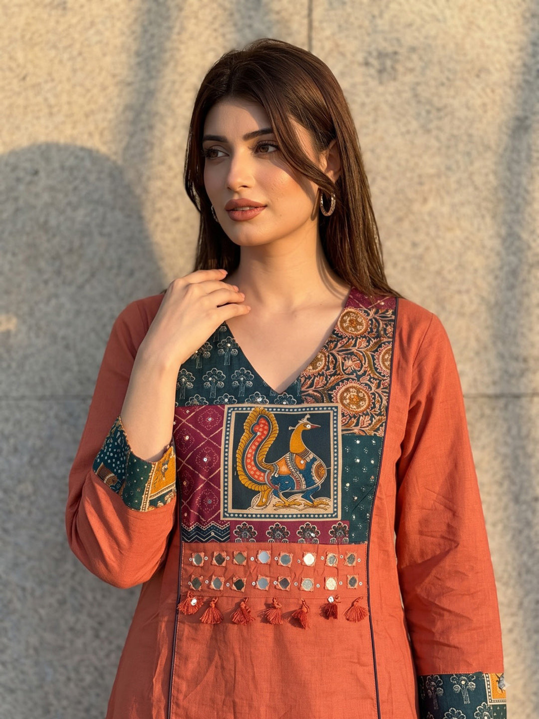 Rust Printed Cotton Blend Kurta With Pant &amp; Dupatta