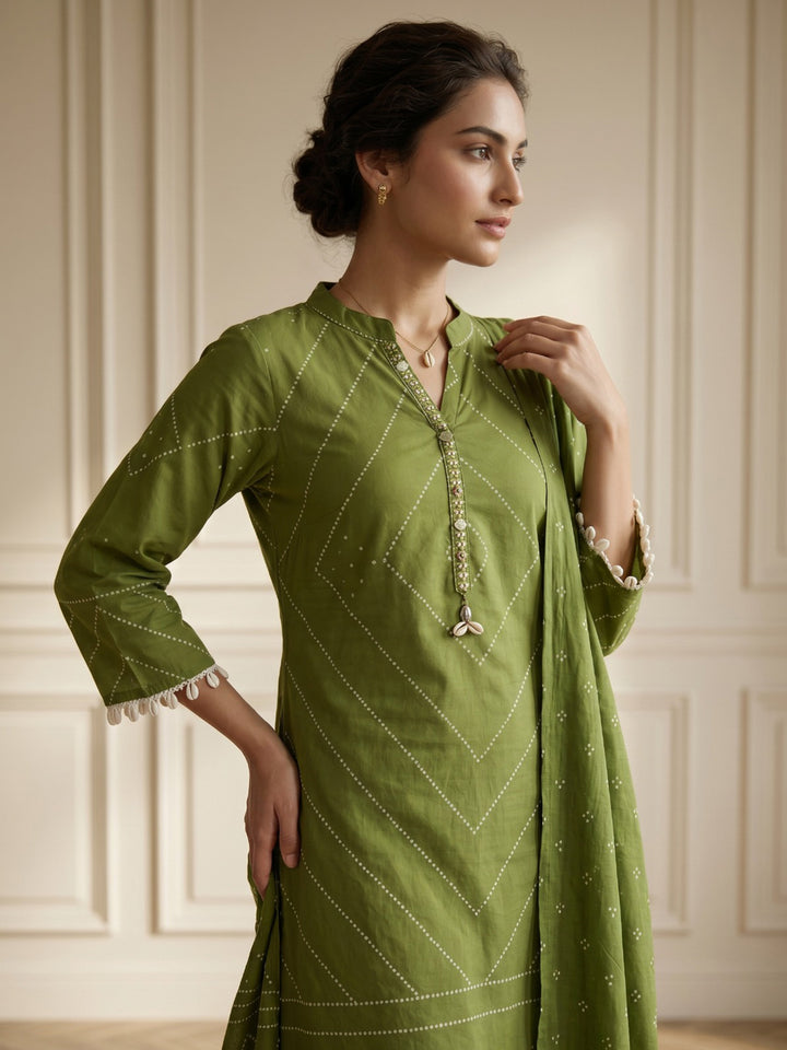 Green Embroidered Cotton Blend Straight V Neck Suit Set