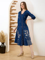 Neck Embroidered Denim Dress