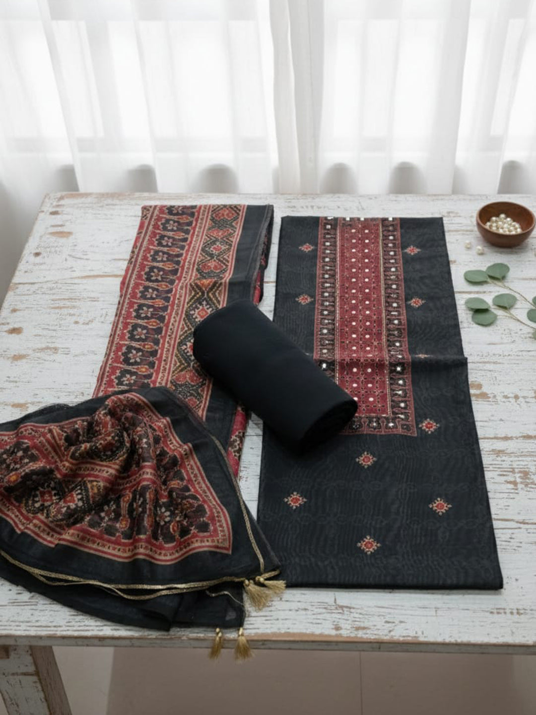 Embroidered Chanderi Unstitched Suit With Pant &amp; Dupatta