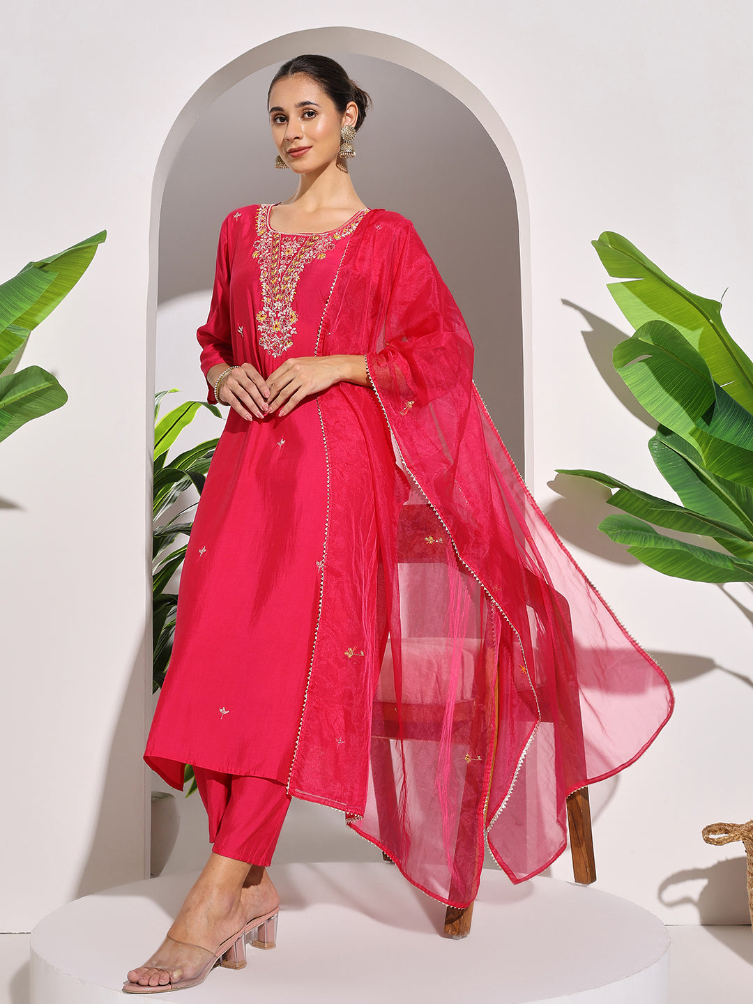 Embroidered Muslin Kurta With Pants & Dupatta