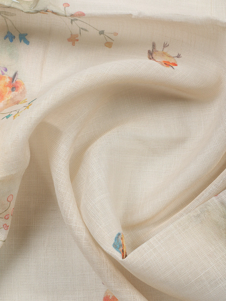 Printed Linen Blend Unstitched Suit With Pant &amp; Dupatta