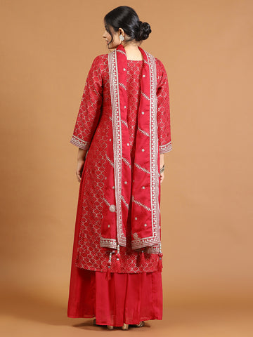 Neck Embroidery Banarasi Kurta With Palazzo & Dupatta