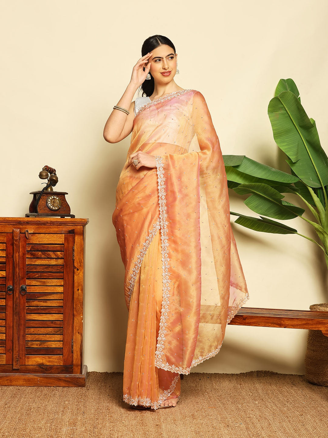 Cut Work &amp; Stone Embellished Tissue Saree