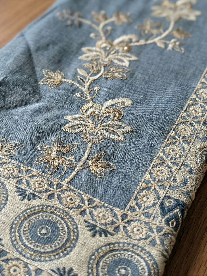 Embroidered Linen Blend Unstitched Suit With Pant &amp; Dupatta