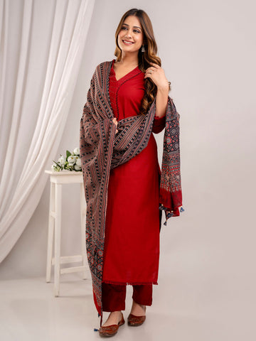 Neck Embroidery Cotton Kurta With Pants & Dupatta