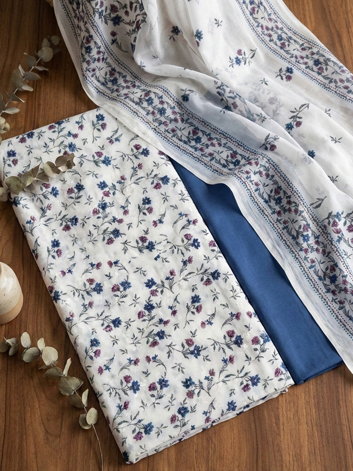 Embroidered Cotton Blend Unstitched Suit With Pant &amp; Dupatta