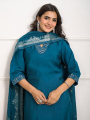 Neck Embroidered Chanderi Kurta With Pants & Dupatta