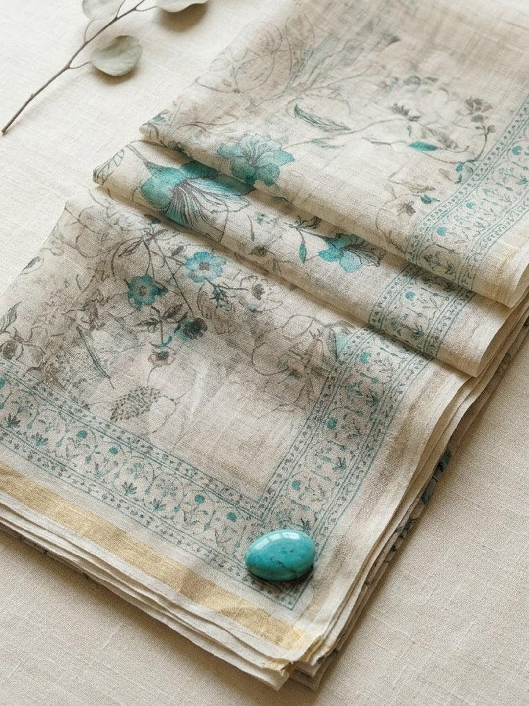 Printed Linen Blend Unstitched Suit With Pant &amp; Dupatta