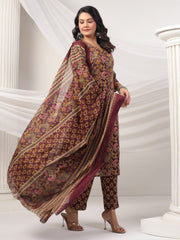 Printed Cotton Blend Kurta With Pants & Dupatta