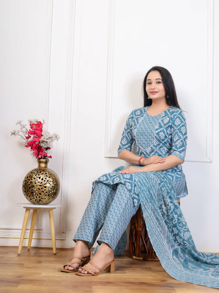 Blue Embroidered Cotton Blend Straight Suit Set With Dupatta