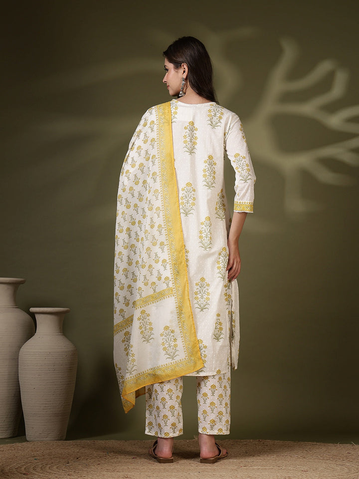 Printed Cotton Blend Kurta With Pant &amp; Dupatta