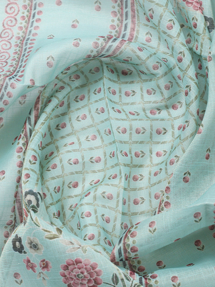 Printed Linen Blend Unstitched Suit With Pant &amp; Dupatta