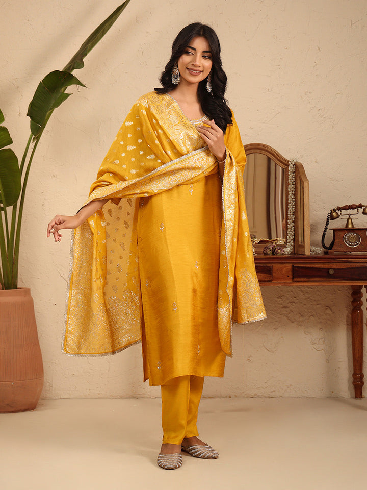 Embroidered Cotton Kurta With Pant &amp; Dupatta