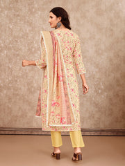 Neck Embroidery Cotton Blend Kurta With Pants & Dupatta