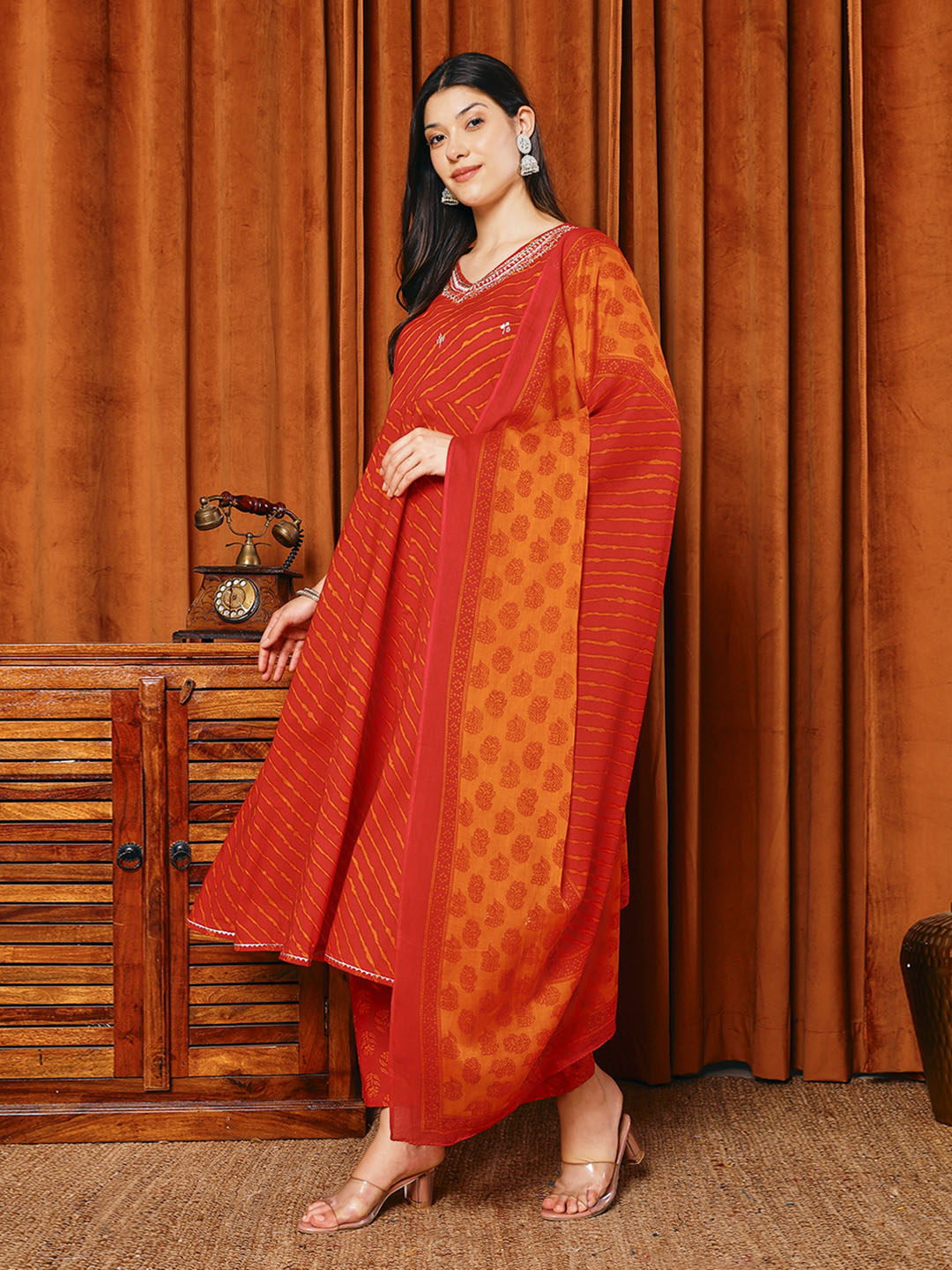 Printed Cotton Blend Kurta With Pants &amp; Dupatta