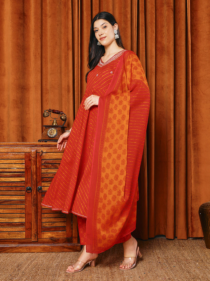 Printed Cotton Blend Kurta With Pants &amp; Dupatta