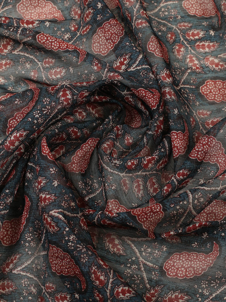 Printed Chanderi Unstitched Suit With Pant &amp; Dupatta