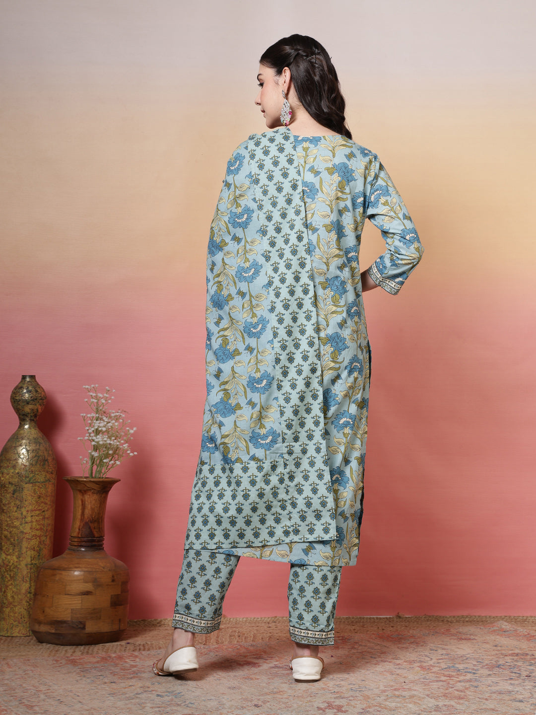 Printed Cotton Kurta With Pant &amp; Dupatta