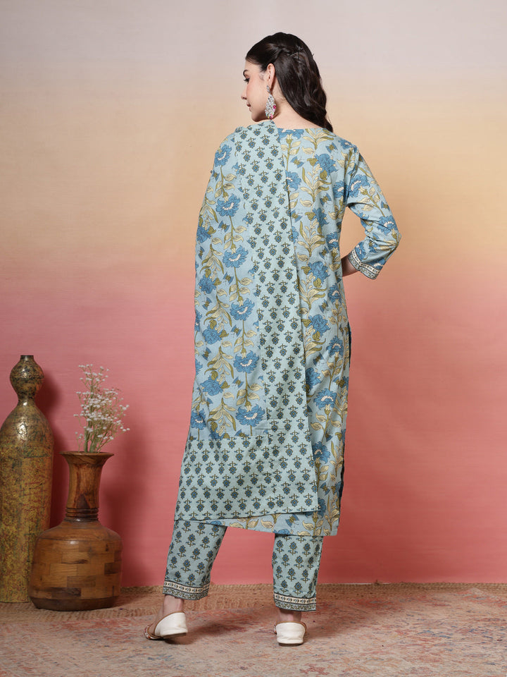 Printed Cotton Kurta With Pant &amp; Dupatta