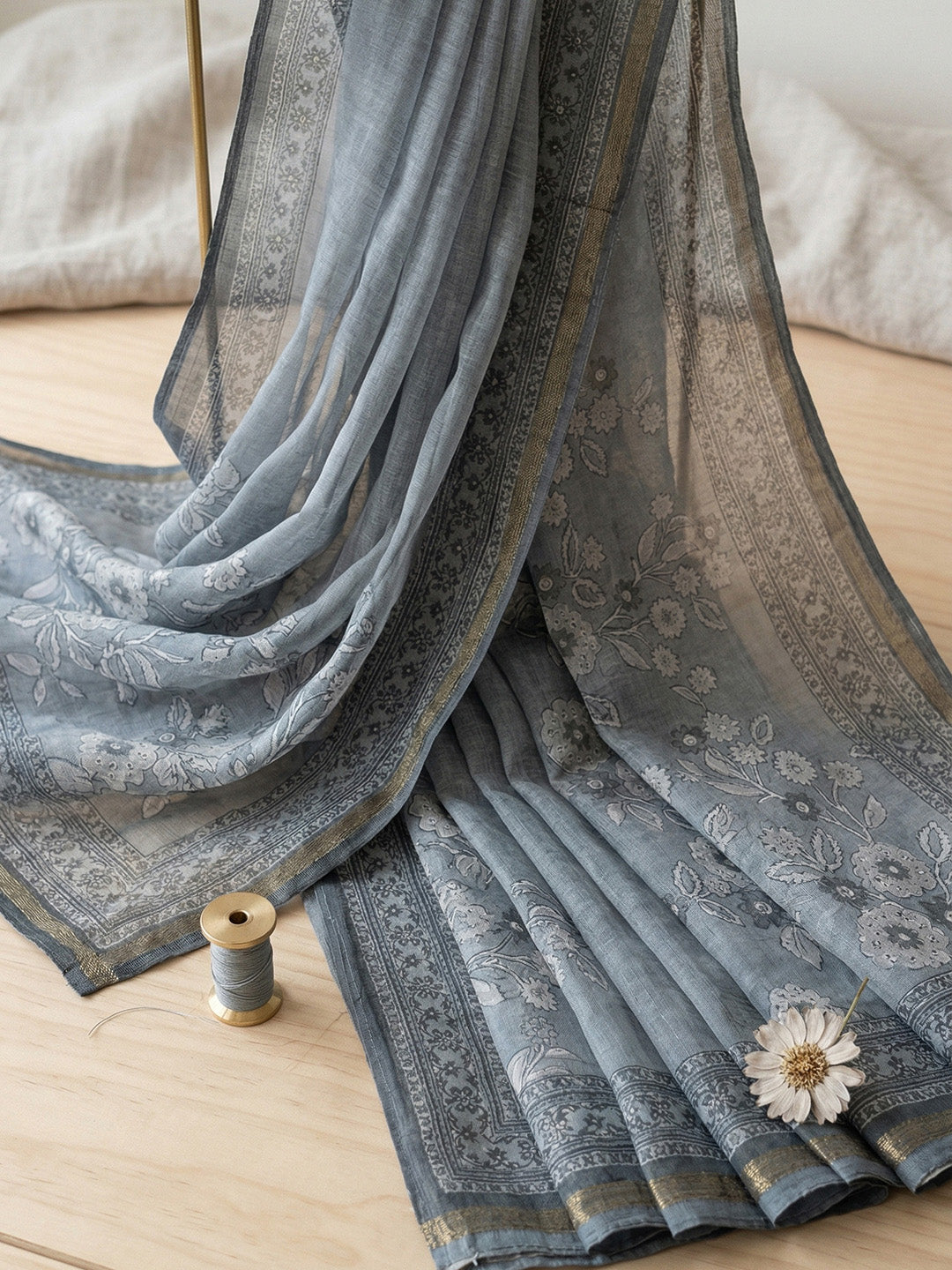 Embroidered Linen Blend Unstitched Suit With Pant &amp; Dupatta