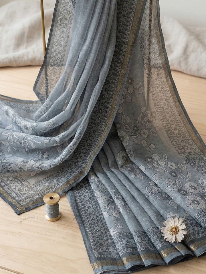 Embroidered Linen Blend Unstitched Suit With Pant &amp; Dupatta