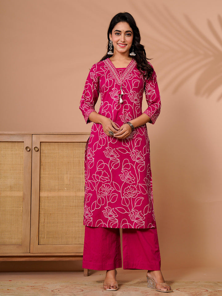 Pink Cotton Blend Printed Straight Suit Set