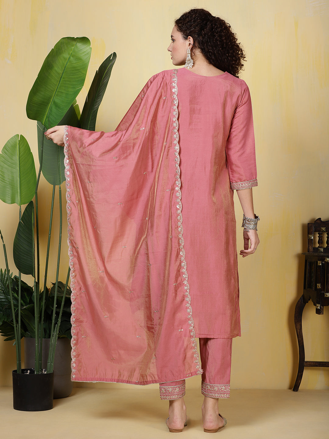 Neck Zari Embroidered Chanderi Kurta With Pants &amp; Dupatta