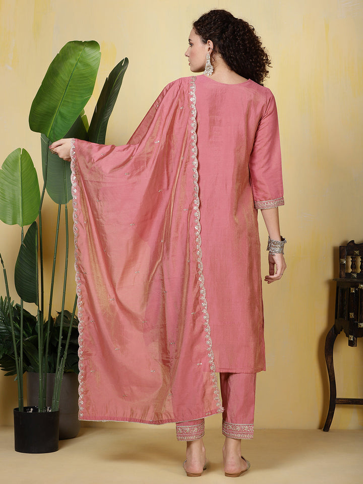 Neck Zari Embroidered Chanderi Kurta With Pants &amp; Dupatta