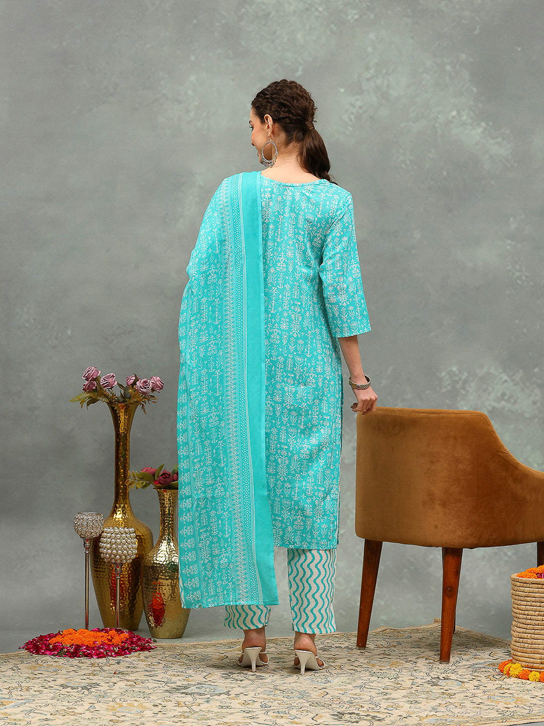 Printed Cotton Blend Kurta With Pants & Dupatta