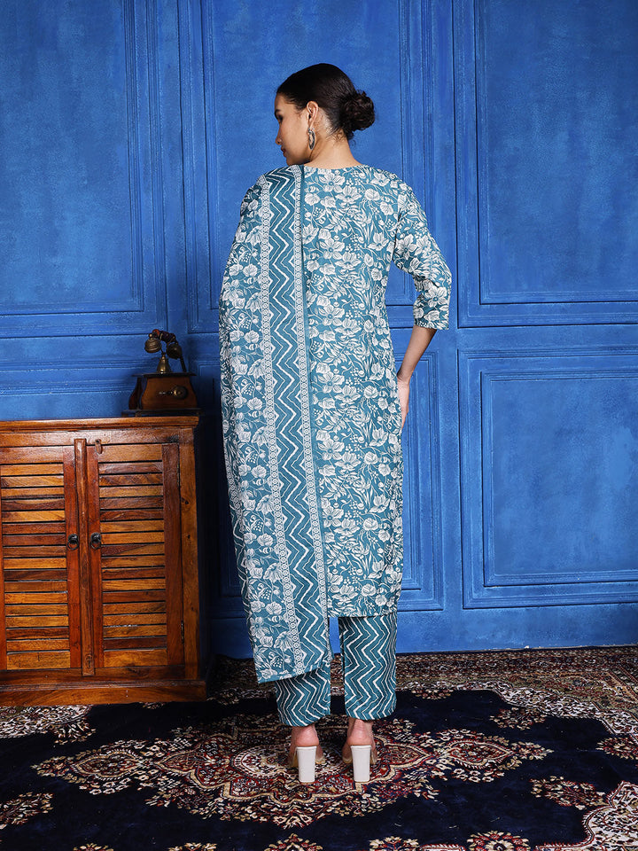 Printed Cotton Blend Kurta With Pants &amp; Dupatta