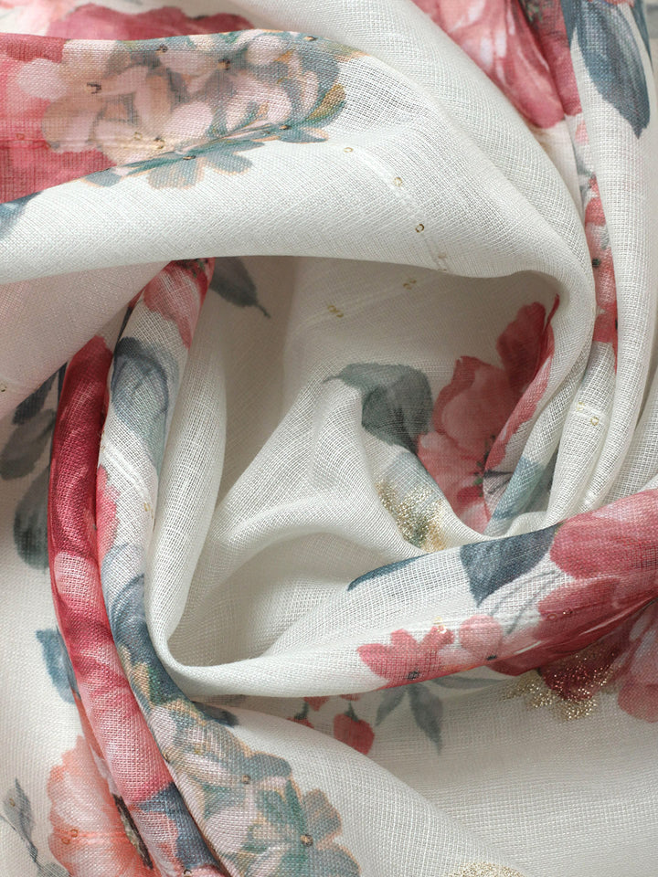 Embroidered Linen Blend Unstitched Suit With Pant &amp; Dupatta