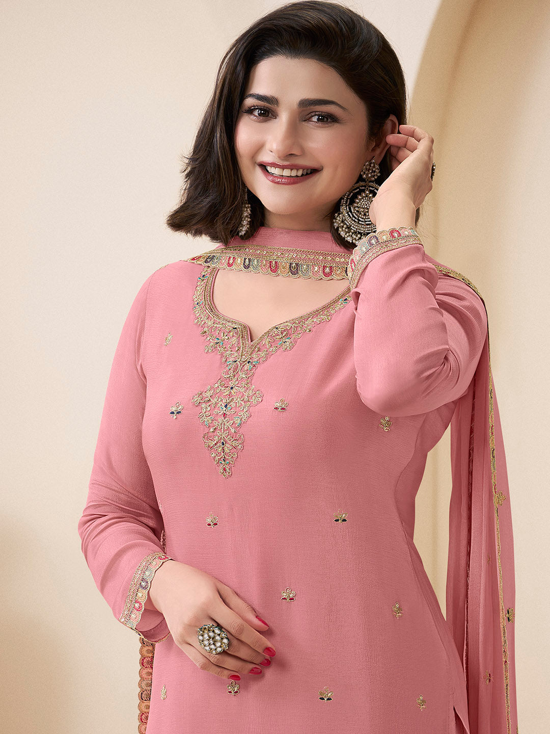 Embroidered Chinon Unstitched Suit With Pant &amp; Dupatta