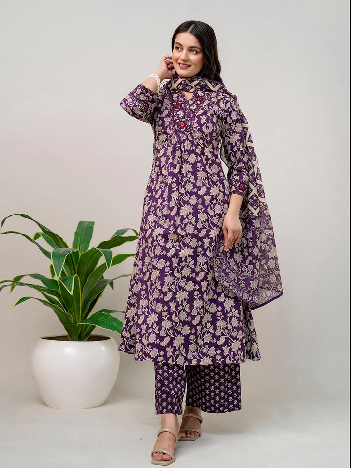 Floral Parinted Cotton Kurta With Pants &amp; Dupatta