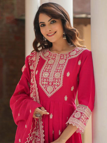 Resham Embroidery Cotton Blend Kurta With Pants & Dupatta