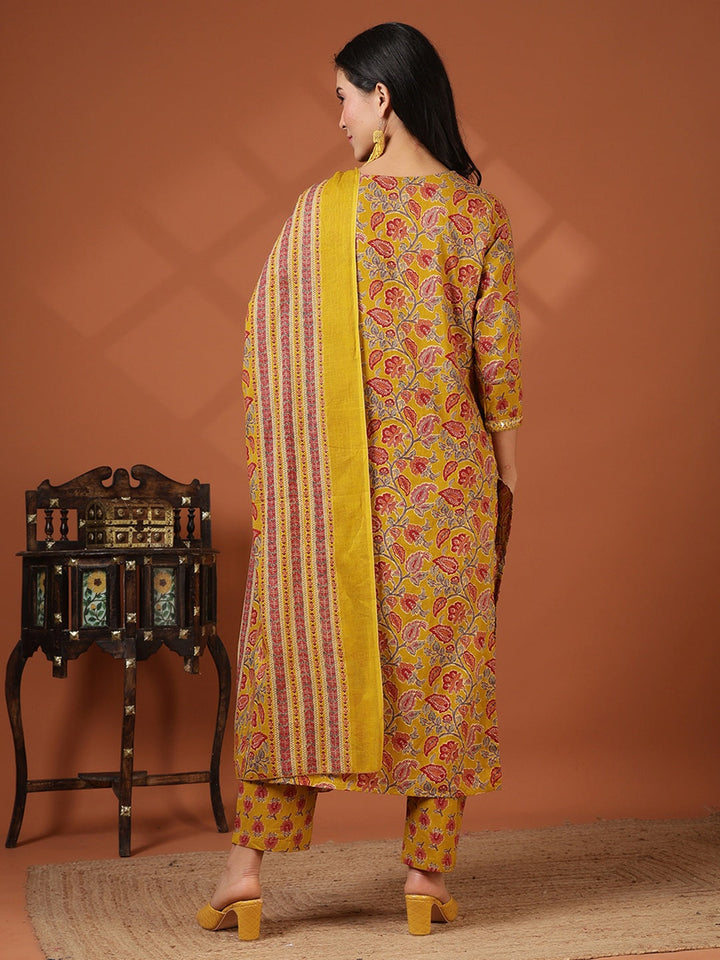 Printed Cotton Blend Kurta With Pant &amp; Dupatta