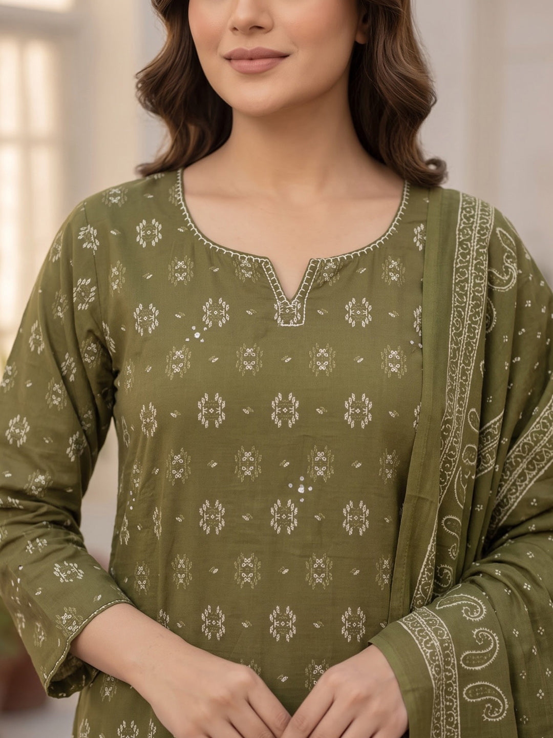 Mehndi Printed Cotton Blend Kurta With Pant &amp; Dupatta