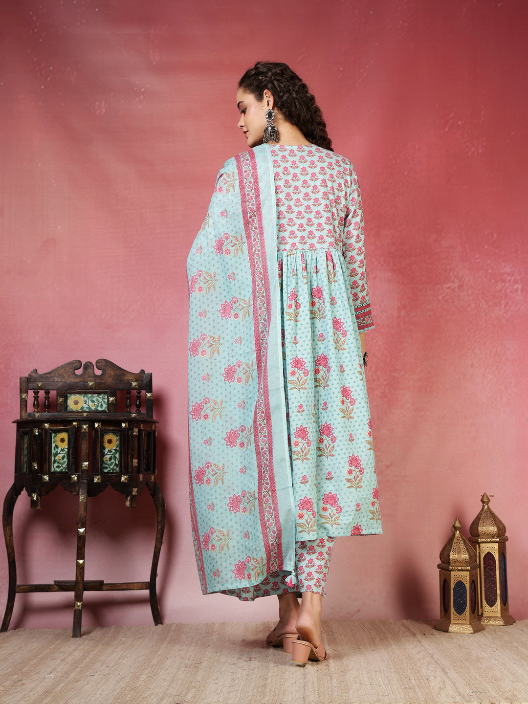 Printed Cotton Blend Kurta With Pants & Dupatta