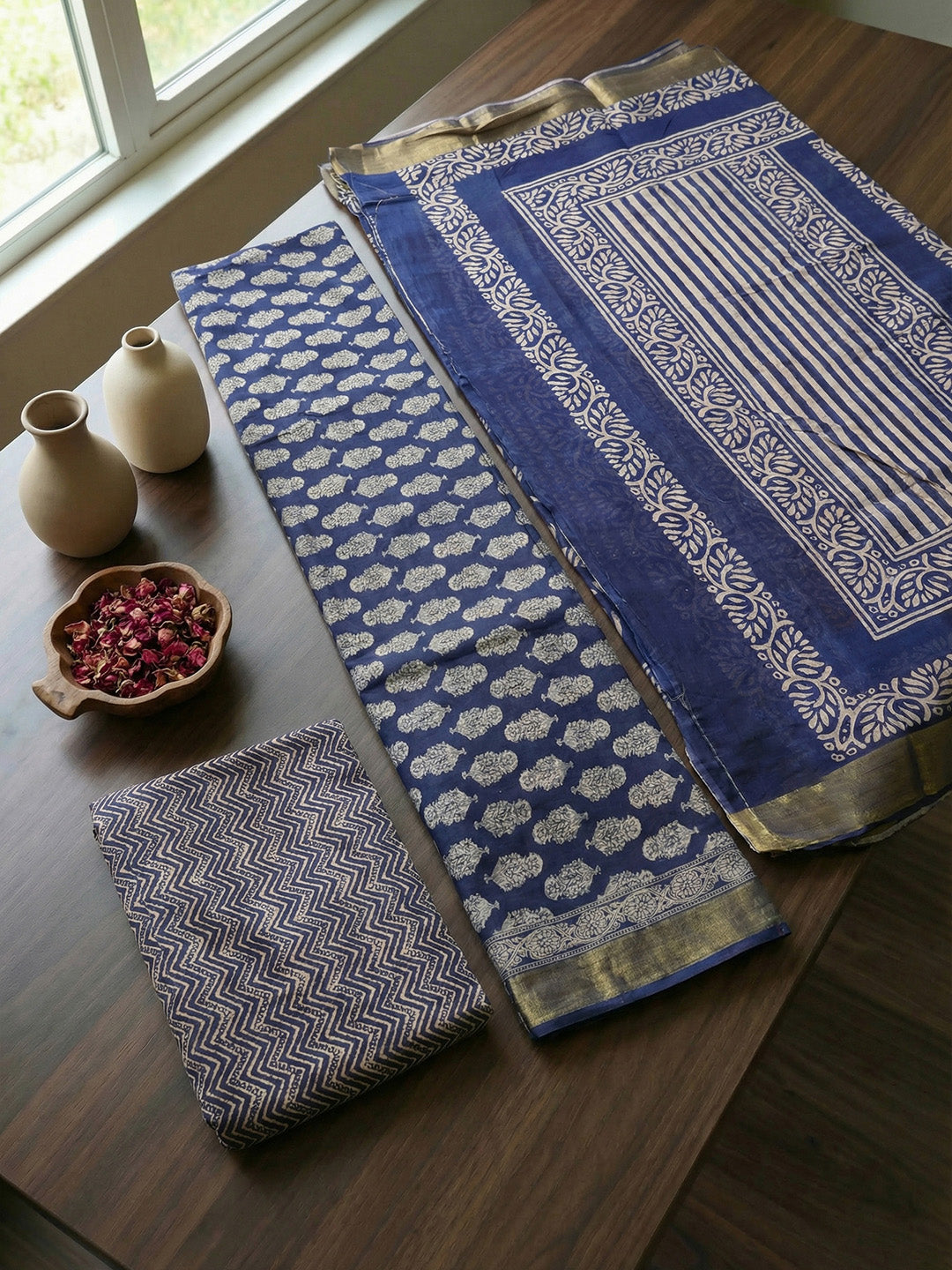 Printed Cotton Blend Unstitched Suit With Pant &amp; Dupatta