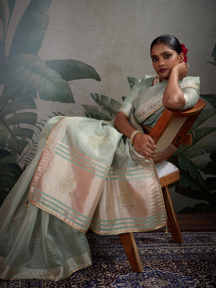 Thread Embroidered Woven Border Linen Saree