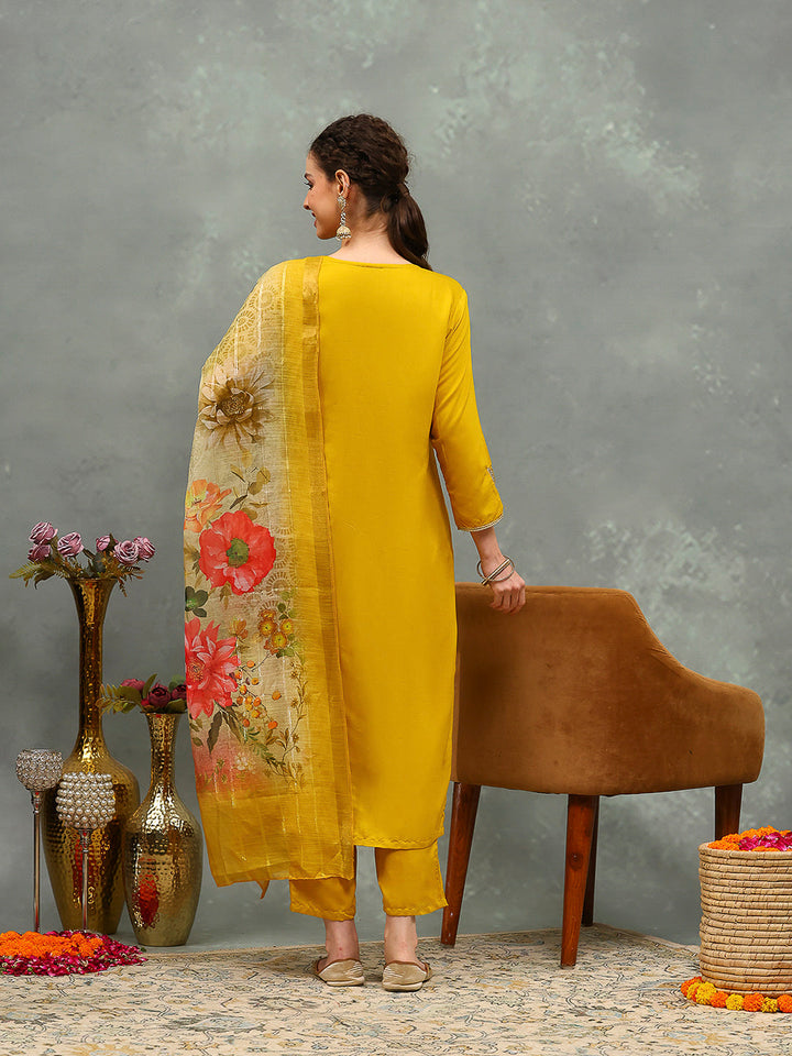 Embroidery Cotton Blend Kurta With Pants &amp; Dupatta