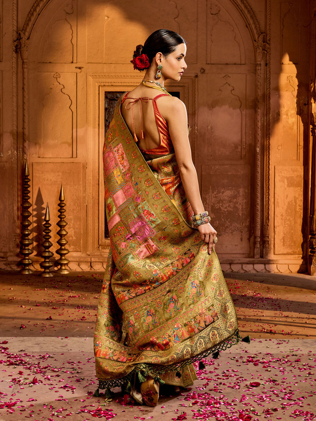 Mehndi Satin Woven Saree