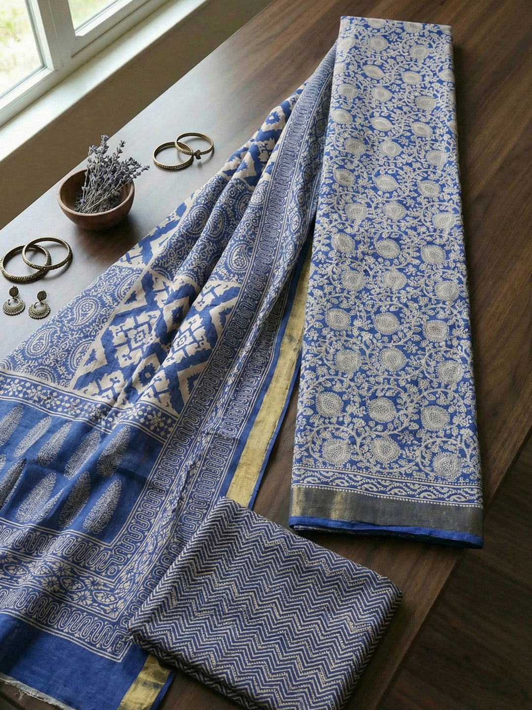 Printed Cotton Blend Unstitched Suit With Pant &amp; Dupatta