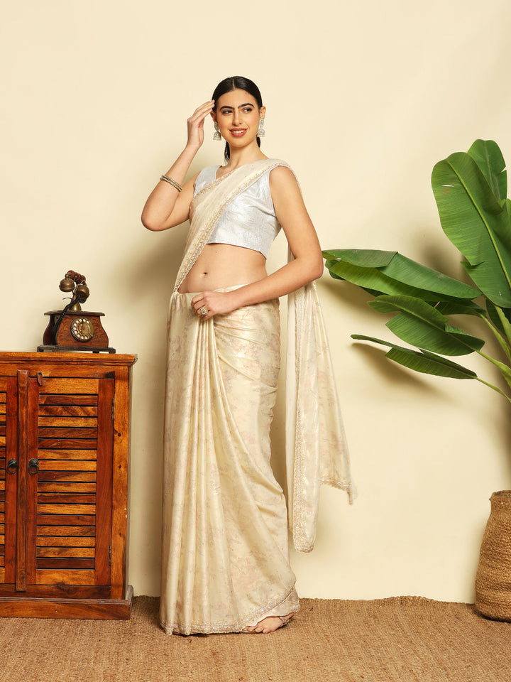 Floral Printed &amp; Embellished Work Tissue Saree