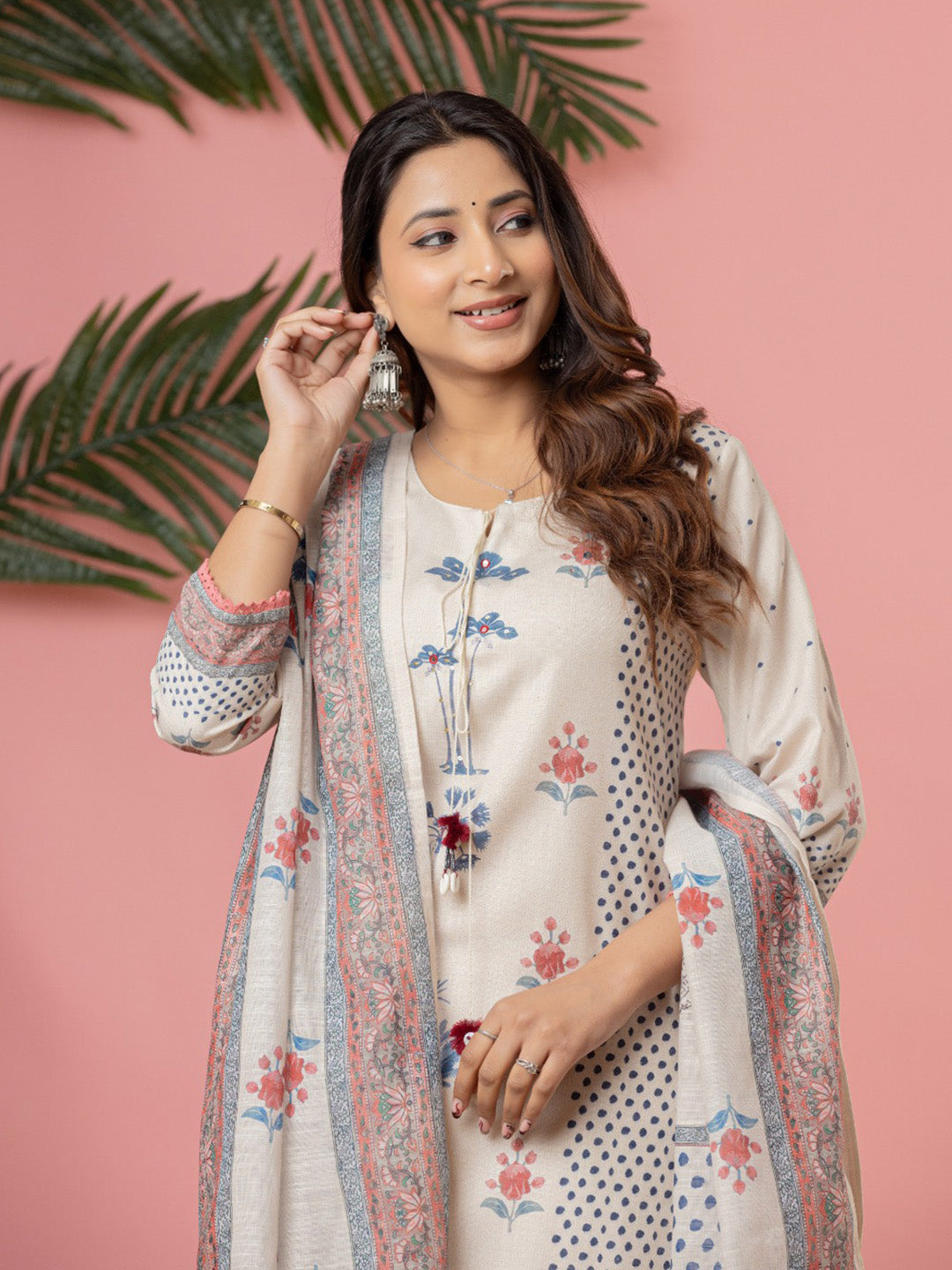 Cream Cotton Blend Printed Straight Suit Set