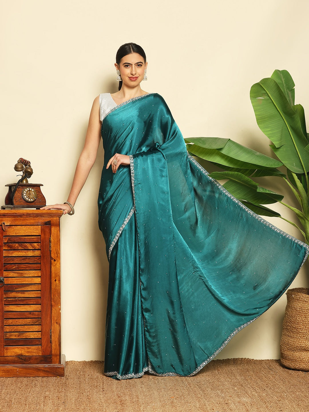 Stone &amp; Mirror Embellished Chinon Saree