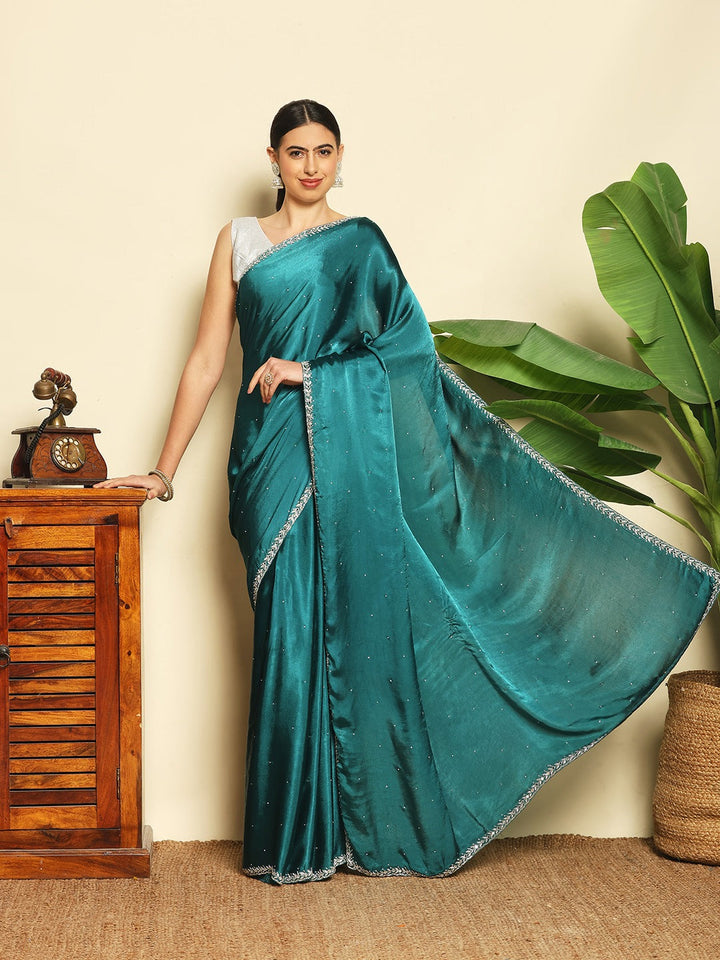 Stone &amp; Mirror Embellished Chinon Saree