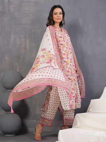 Floral Print Cotton Kurta With Pants & Dupatta