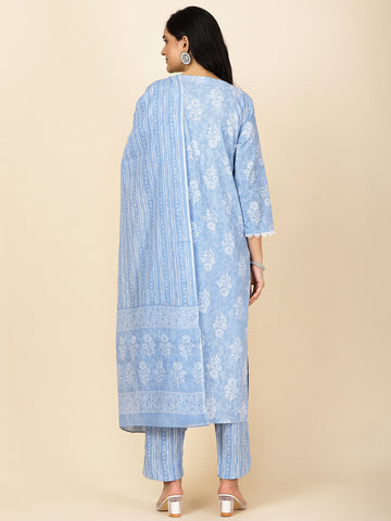 Neck Embroidery Cotton Kurta With Pants & Dupatta